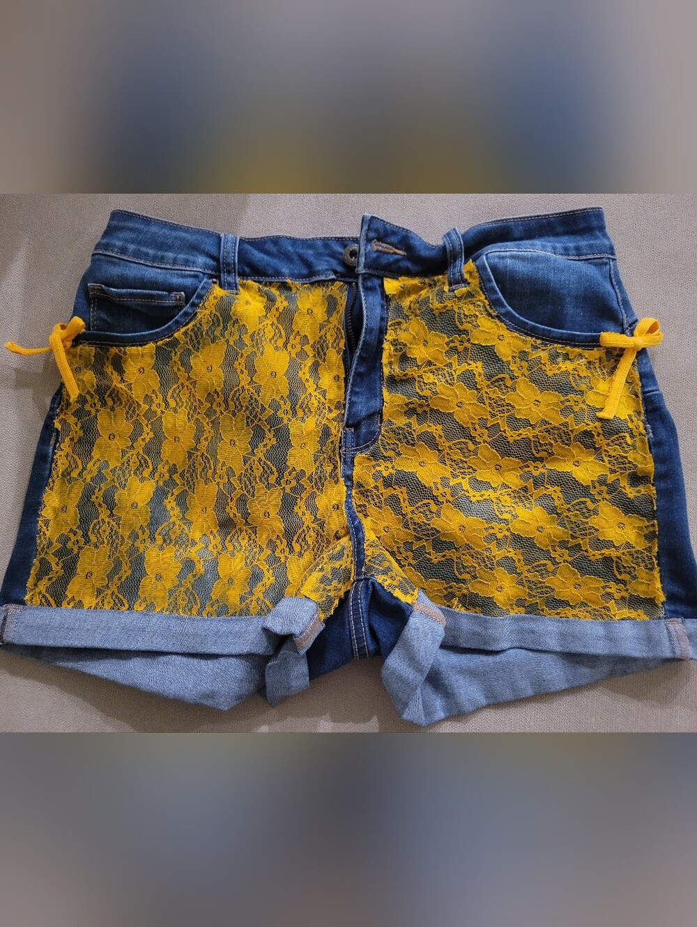 Upcycle Denim Shorts with Yellow Lace Panels-large Juniors